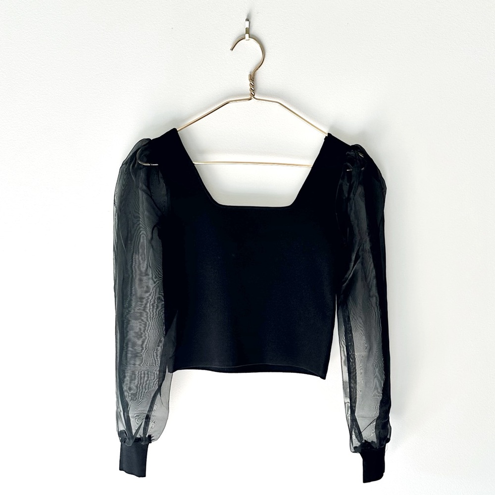 House of Harlow Chiffon Organza Puff Sleeve Cropped Blouse Black